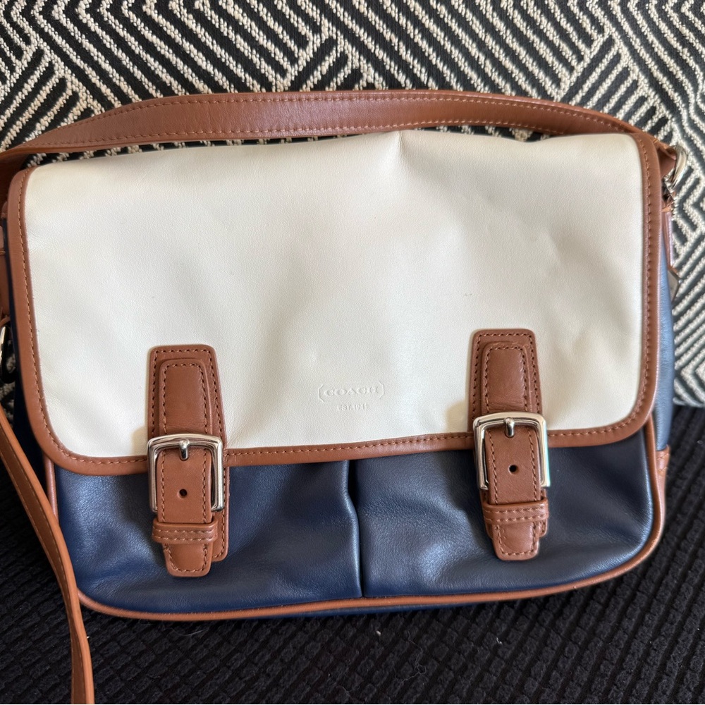 Coach Cream and Navy Leather Bag with Brown Trim